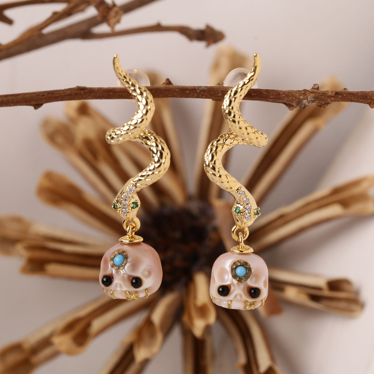 Gold Snake Śmaśana Skull Earrings