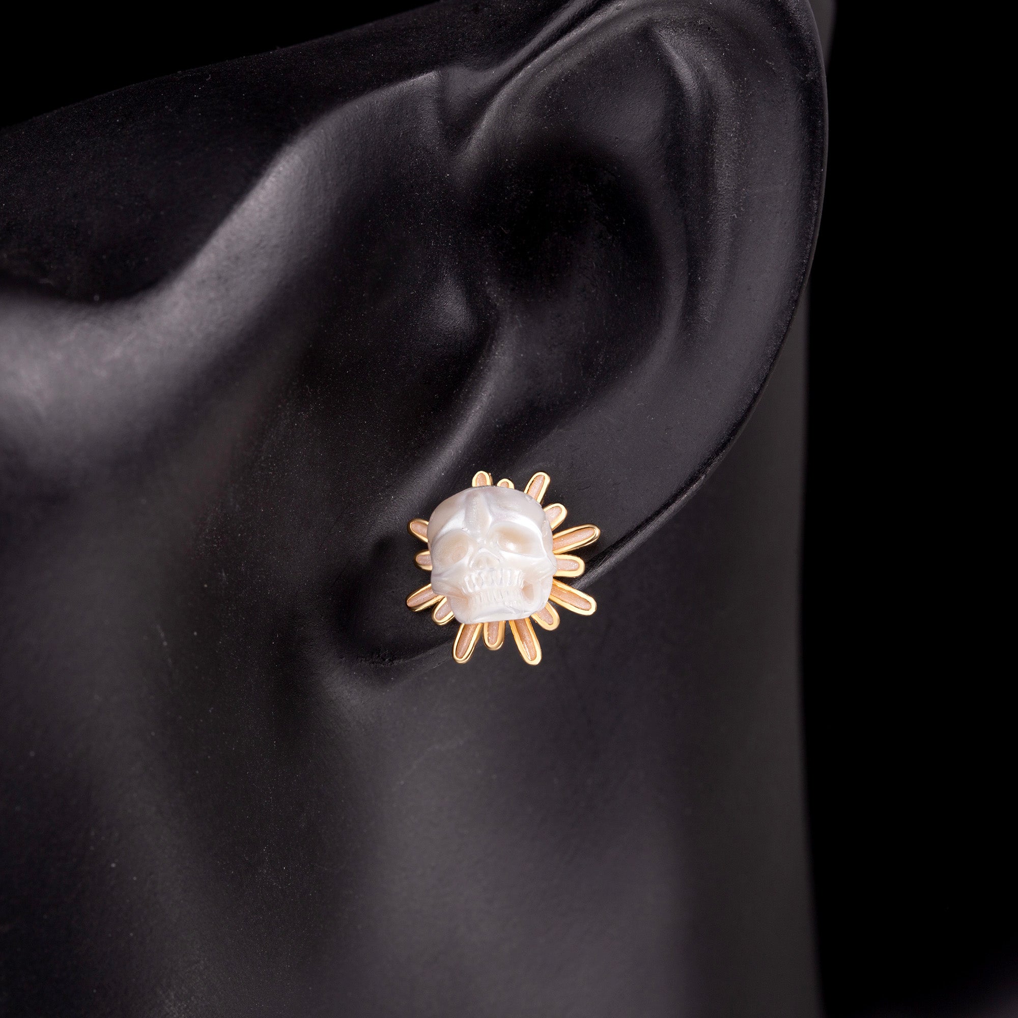 Golden Daisy Floral Pearl Skull Stud Earrings