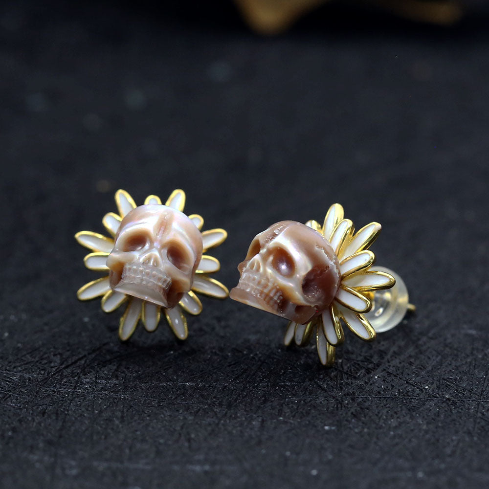 Golden Daisy Floral Pearl Skull Stud Earrings