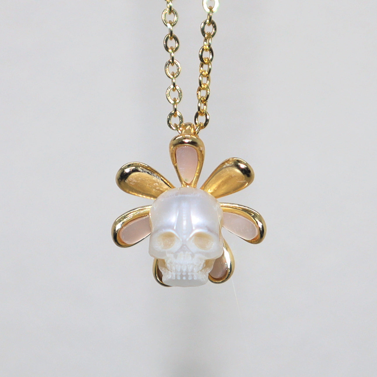 Golden Daisy Pearl Skull Necklace