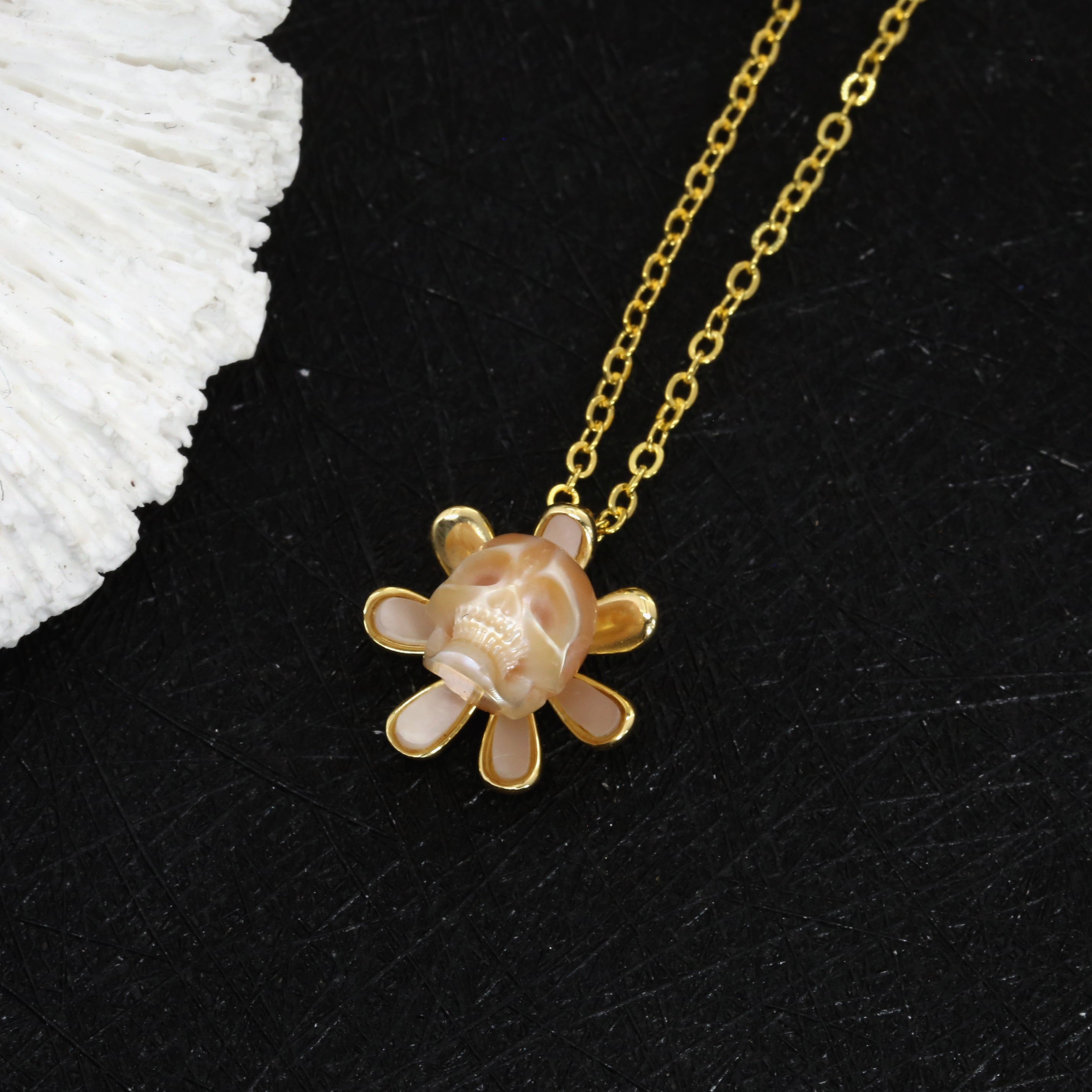 Golden Daisy Pearl Skull Jewelry Set