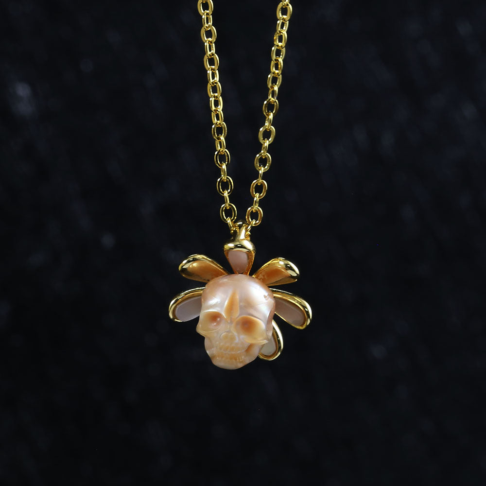 Golden Daisy Pearl Skull Necklace