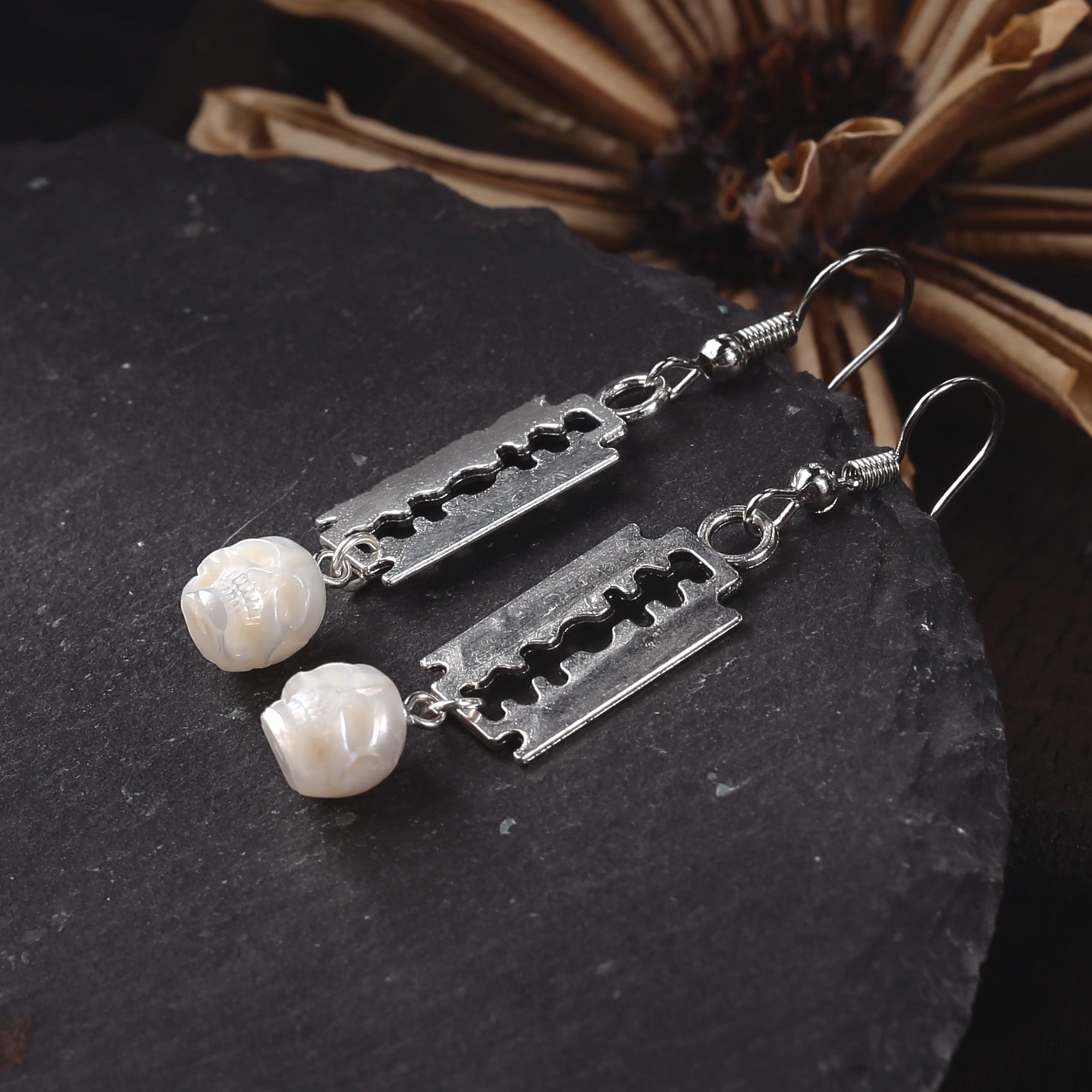 Gothic Blade Skull Pearl Earrings