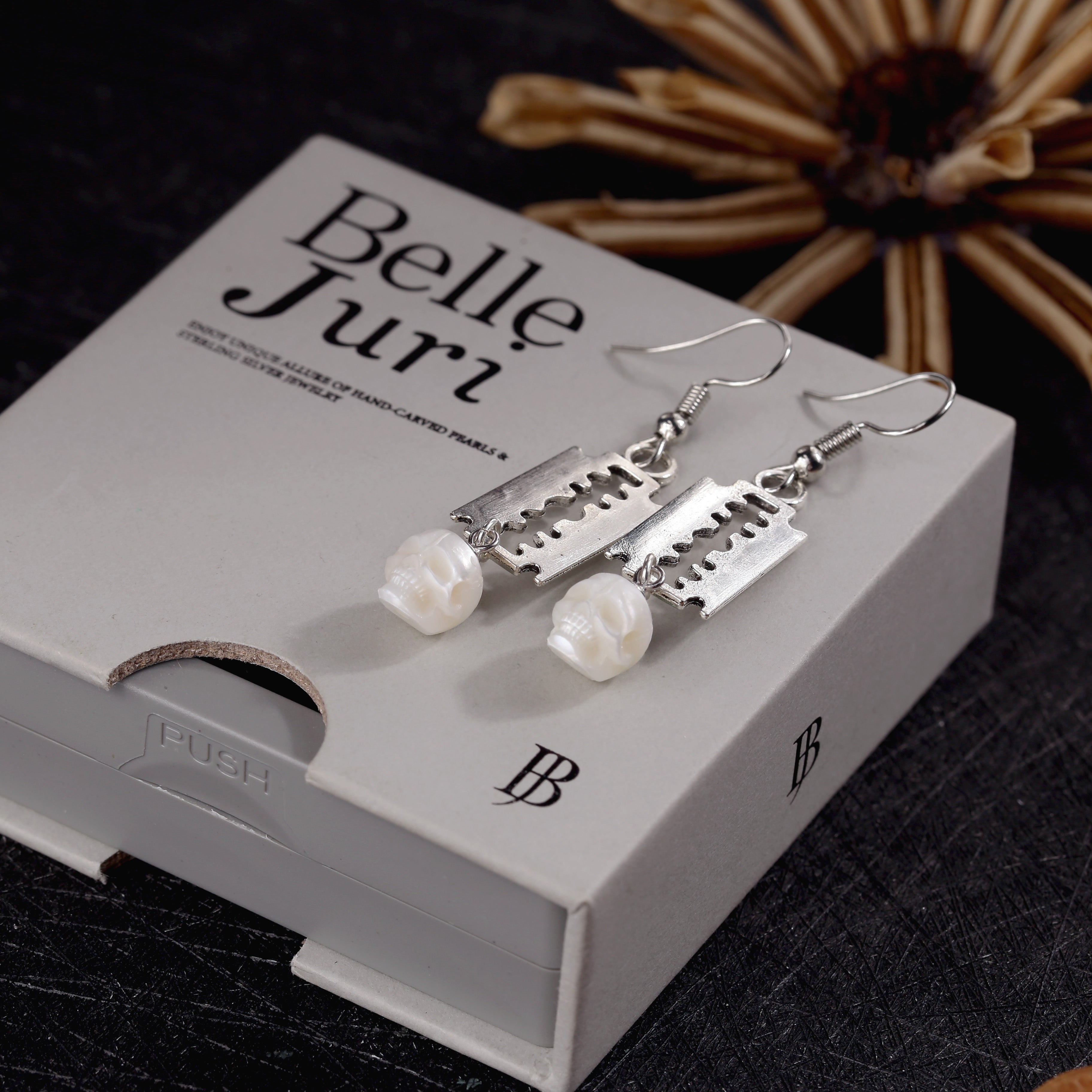Gothic Blade Skull Pearl Earrings