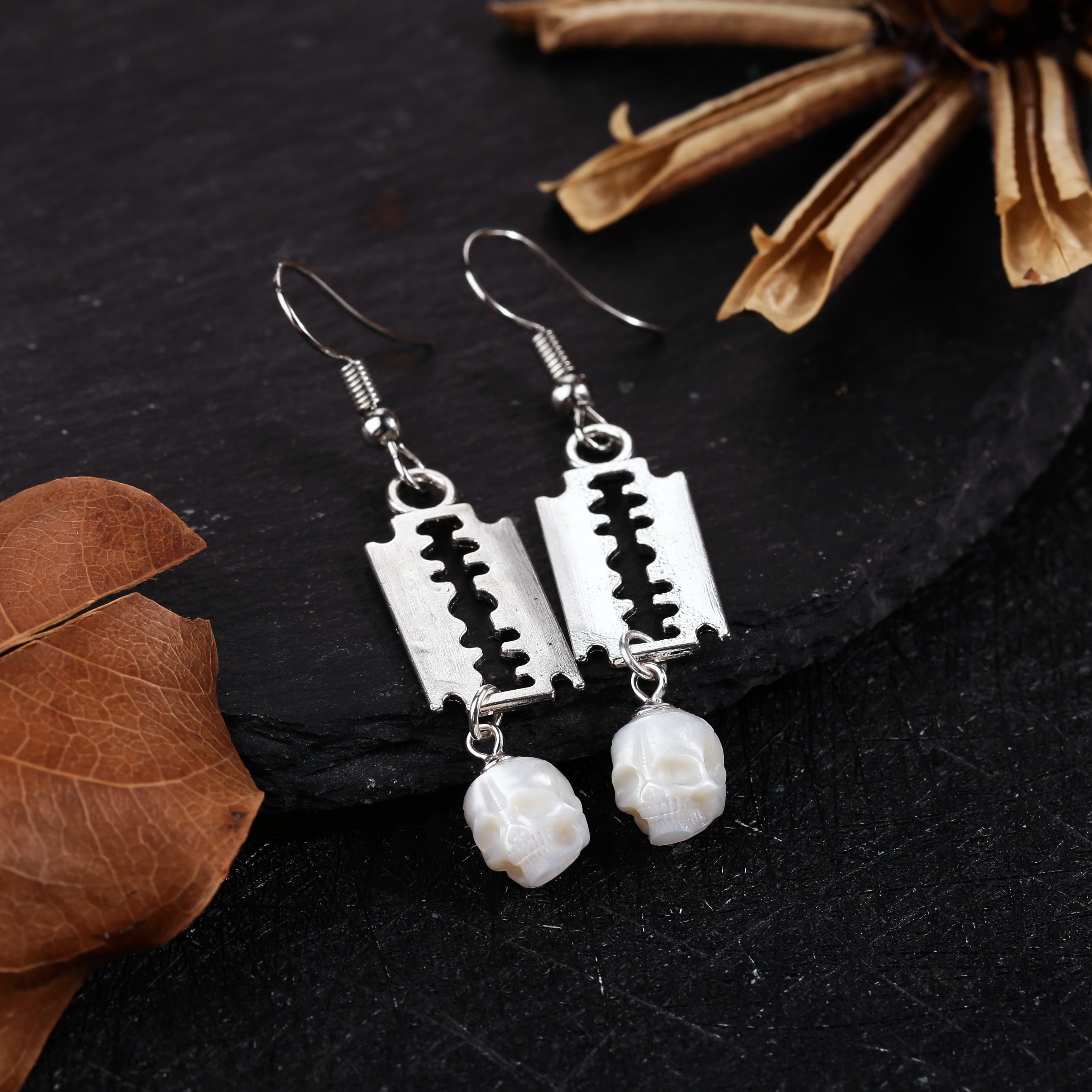 Gothic Blade Skull Pearl Earrings
