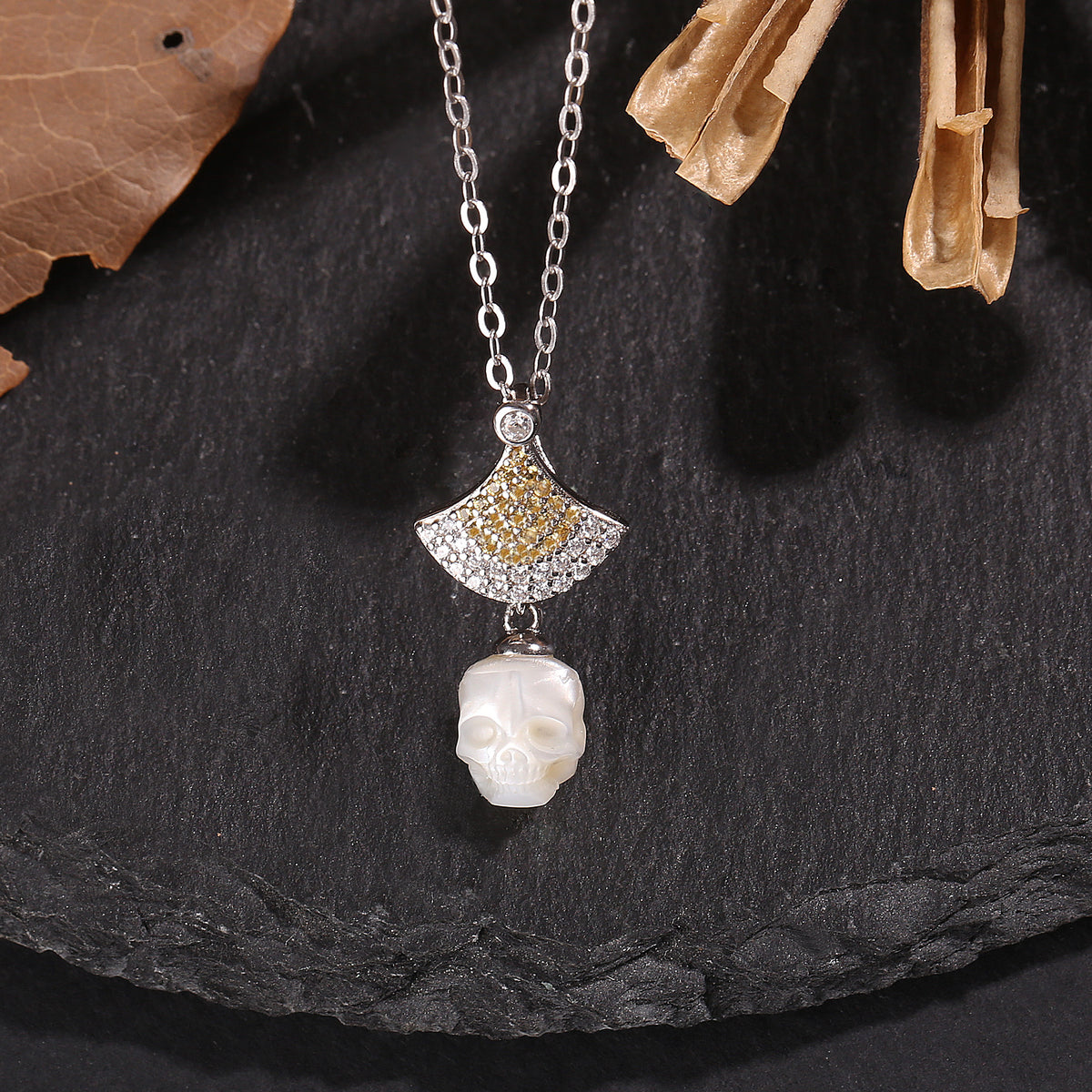 Gothic Fan Diamond Skull Pearl Necklace