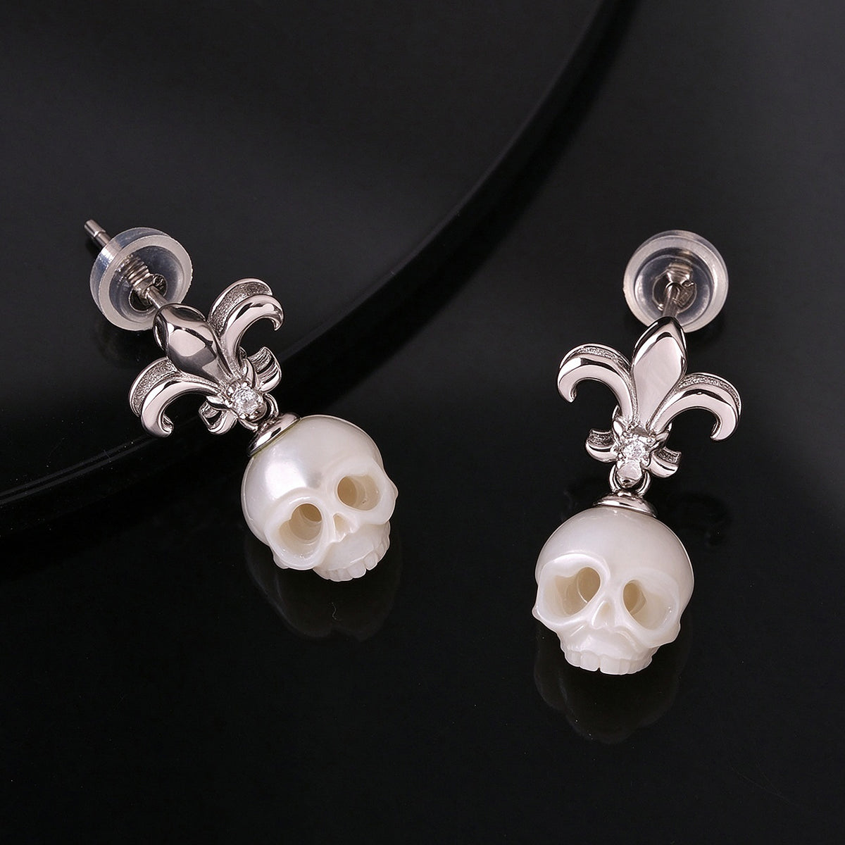 Gothic Handmade Cranium Pearl Iris Pendant Earrings