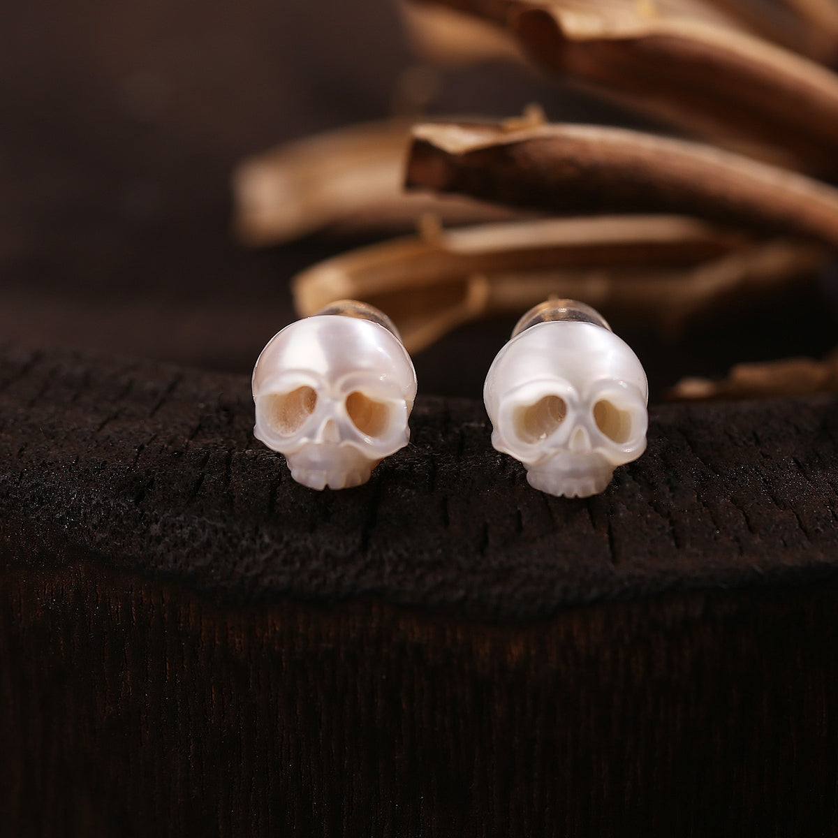 Gothic Mystery Minimalist Cranium Pearl Stud Earrings-White