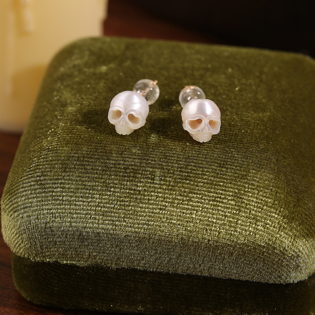 Gothic Mystery Minimalist Cranium Pearl Stud Earrings-White