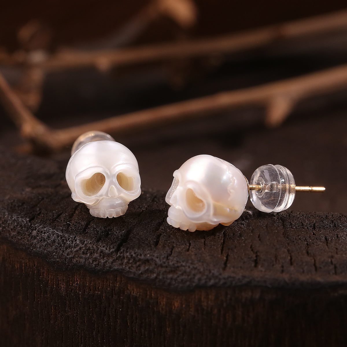Gothic Mystery Minimalist Cranium Pearl Stud Earrings-White