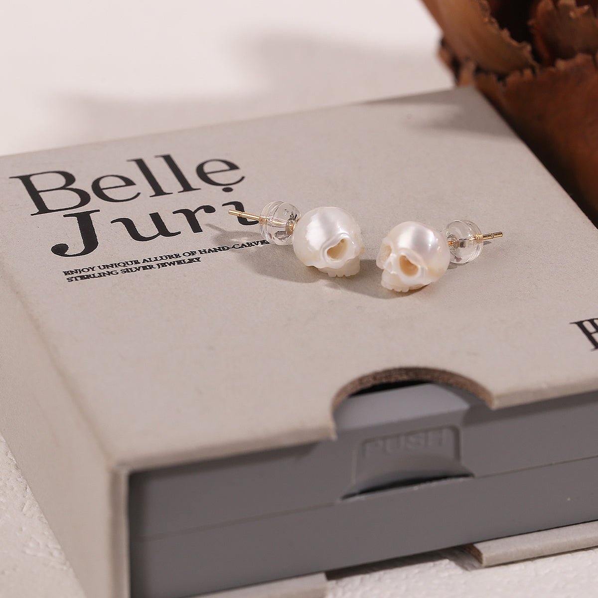 Gothic Mystery Minimalist Cranium Pearl Stud Earrings-White