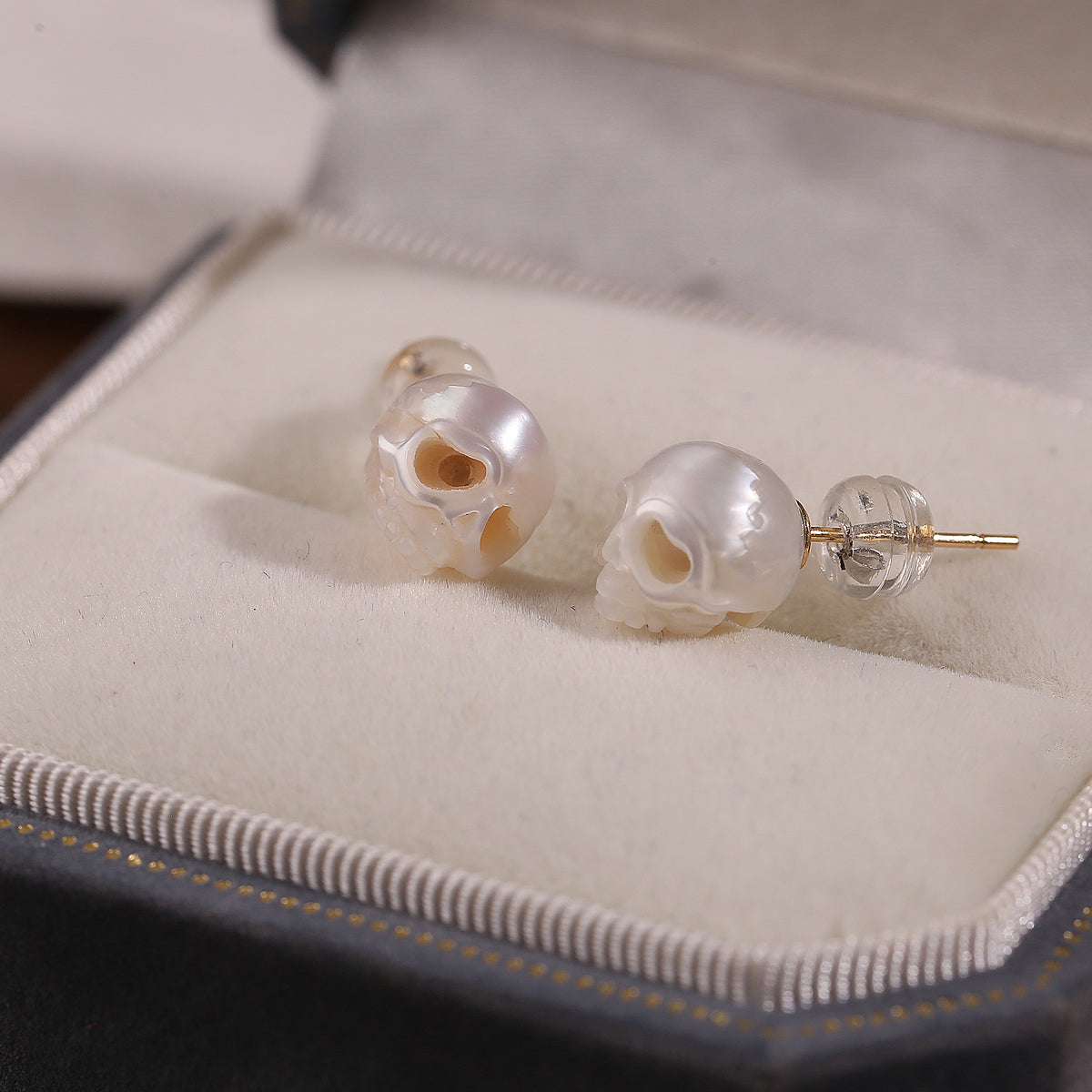 Gothic Mystery Minimalist Cranium Pearl Stud Earrings-White