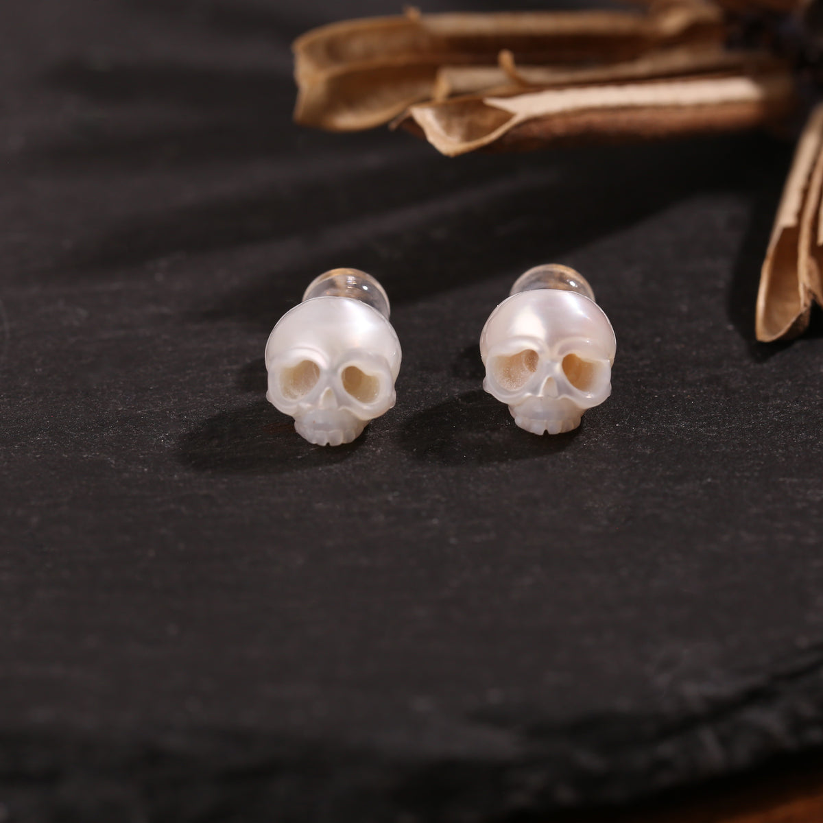Gothic Mystery Minimalist Cranium Pearl Stud Earrings-White