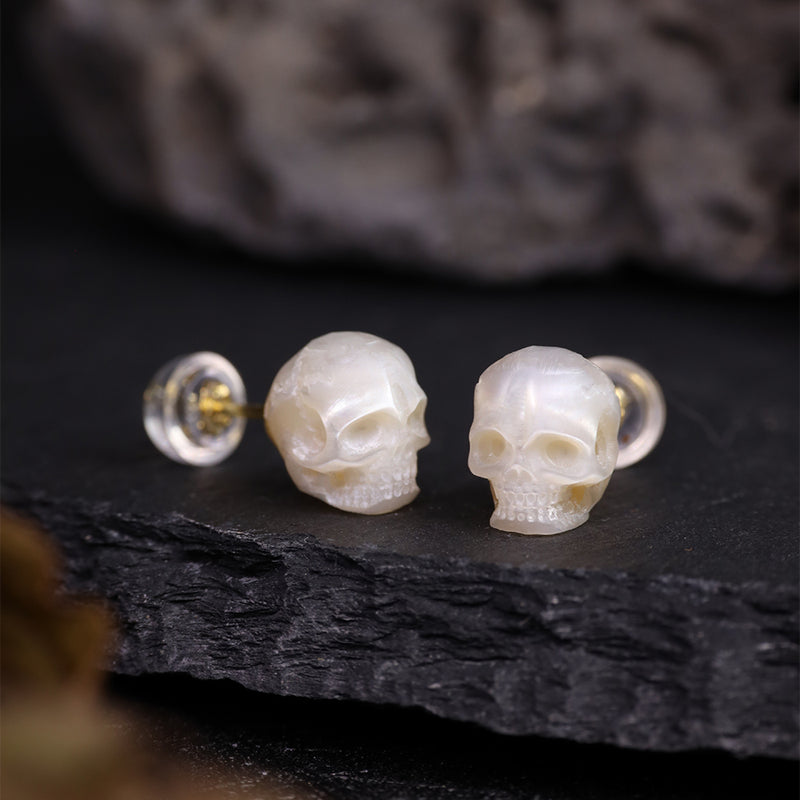 Gothic Mystery Simple Pearl Skull Stud Earrings-Belle Juri Minimalist