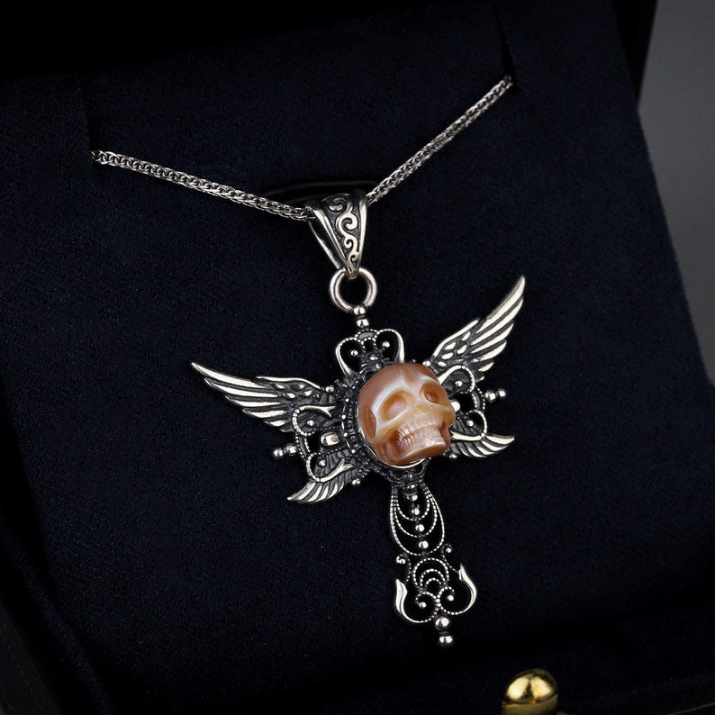 Gothic Pearl Skull Angel Wing Pendant Necklace