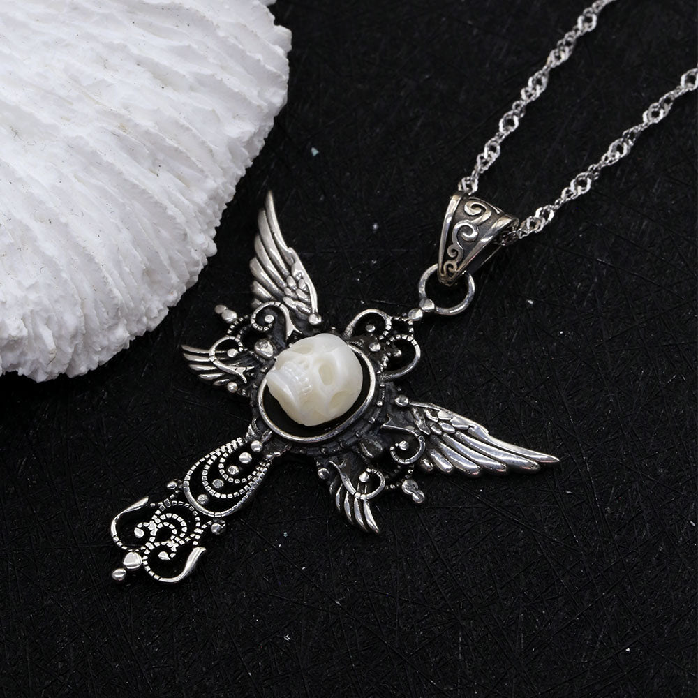 Gothic Pearl Skull Angel Wing Pendant Necklace