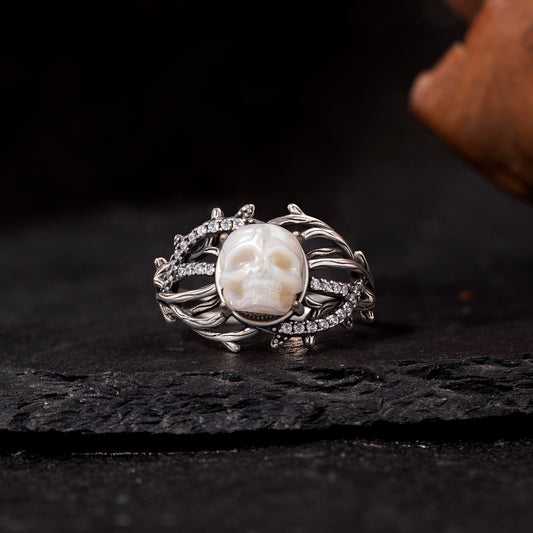 Gothic Pearl Skull Vine Branches Twist Inlaid Ring