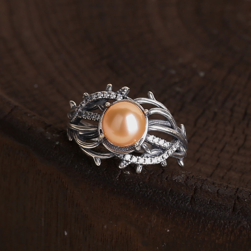 Gothic Vine Branches Twist Inlaid Pearl Ring