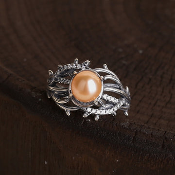 Gothic Vine Branches Twist Inlaid Pearl Ring