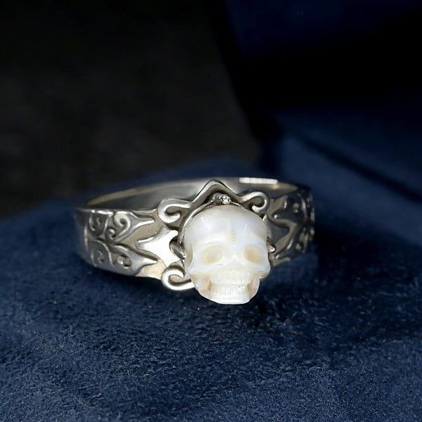 Gothic Wide Band Carved Embossed Pearl Skull Ring-Belle Juri