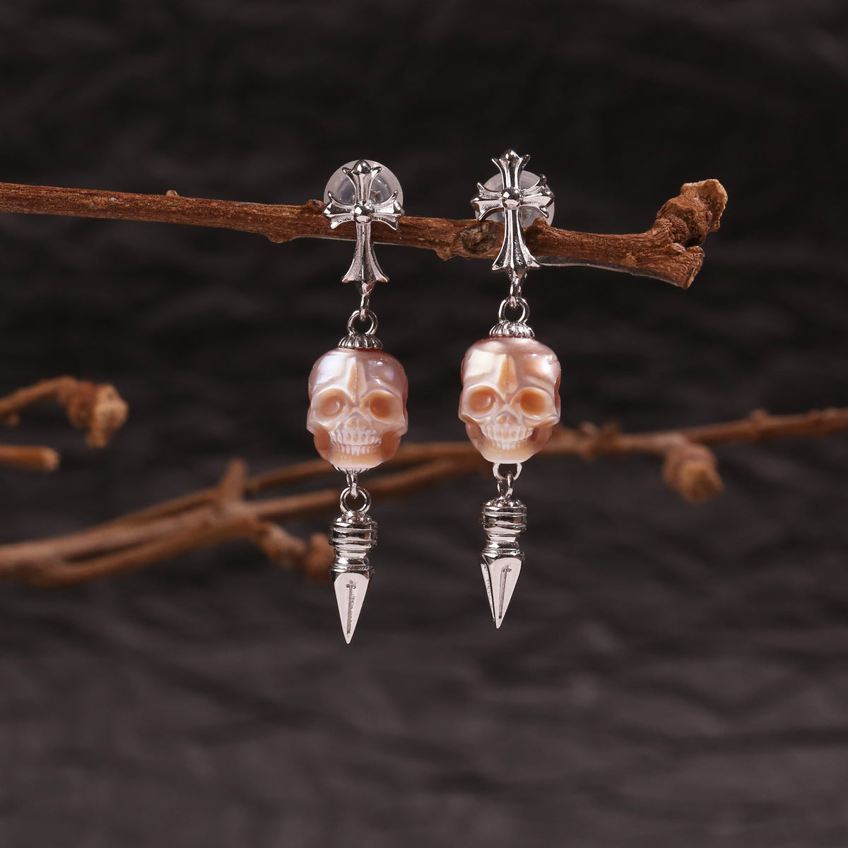 Gothic Elegance Cross & Skull Pearl Stud Earrings