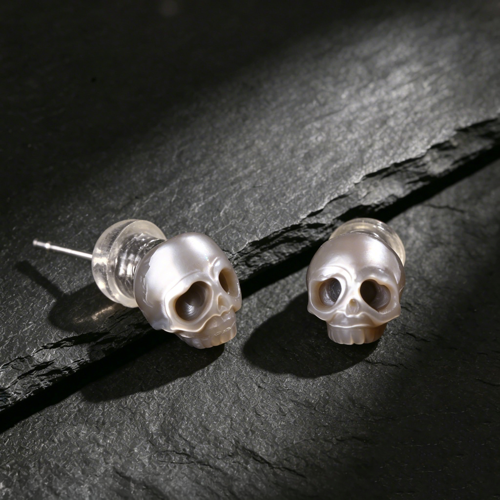 Gothic Mystery Minimalist Cranium Pearl Stud Earrings-Gray