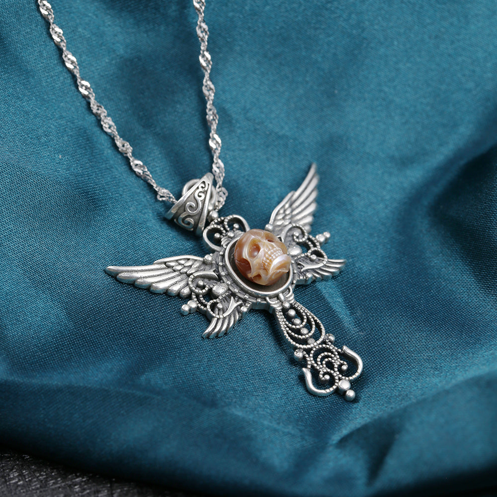 Gothic Pearl Skull Angel Wing Pendant Necklace