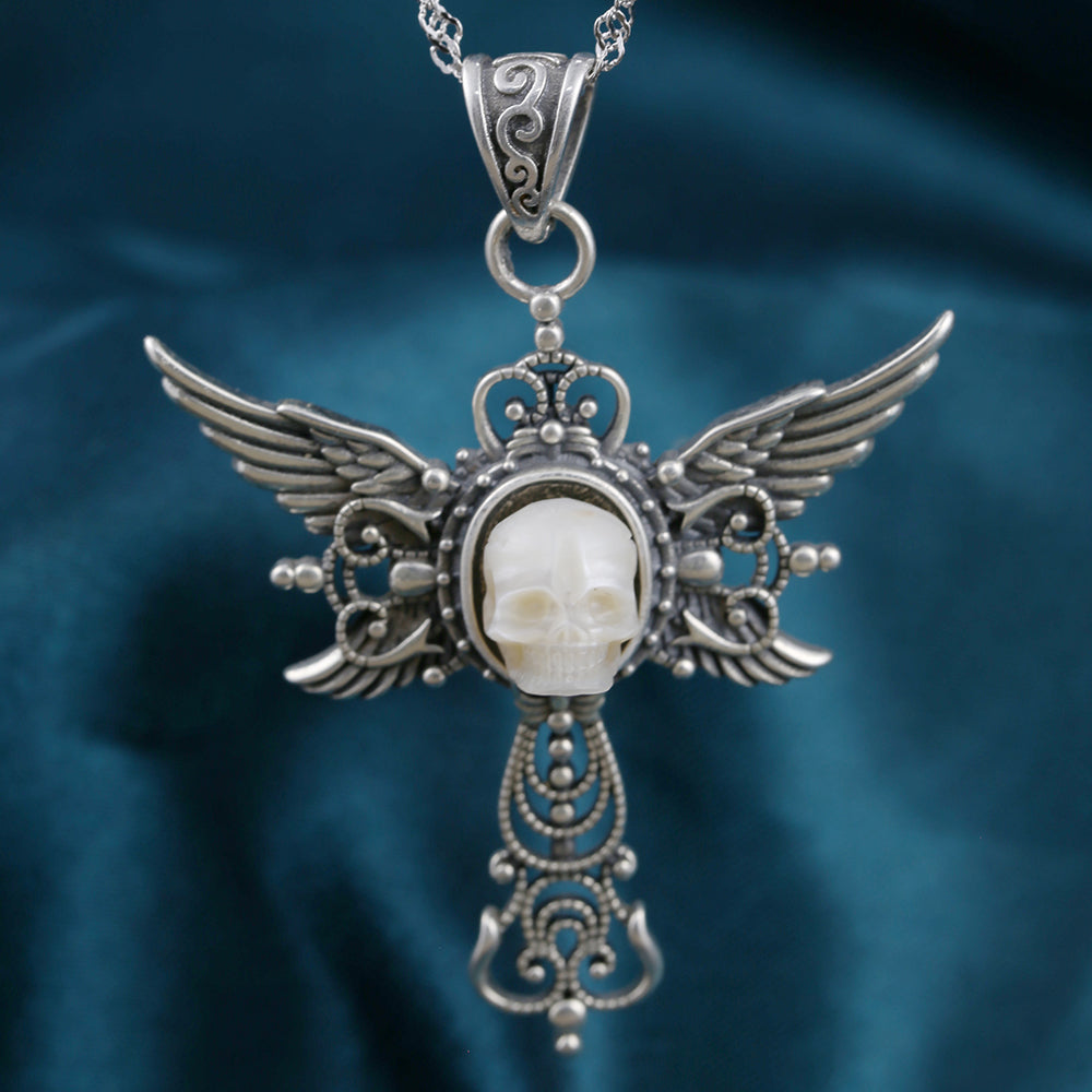 Gothic Pearl Skull Angel Wing Pendant Necklace