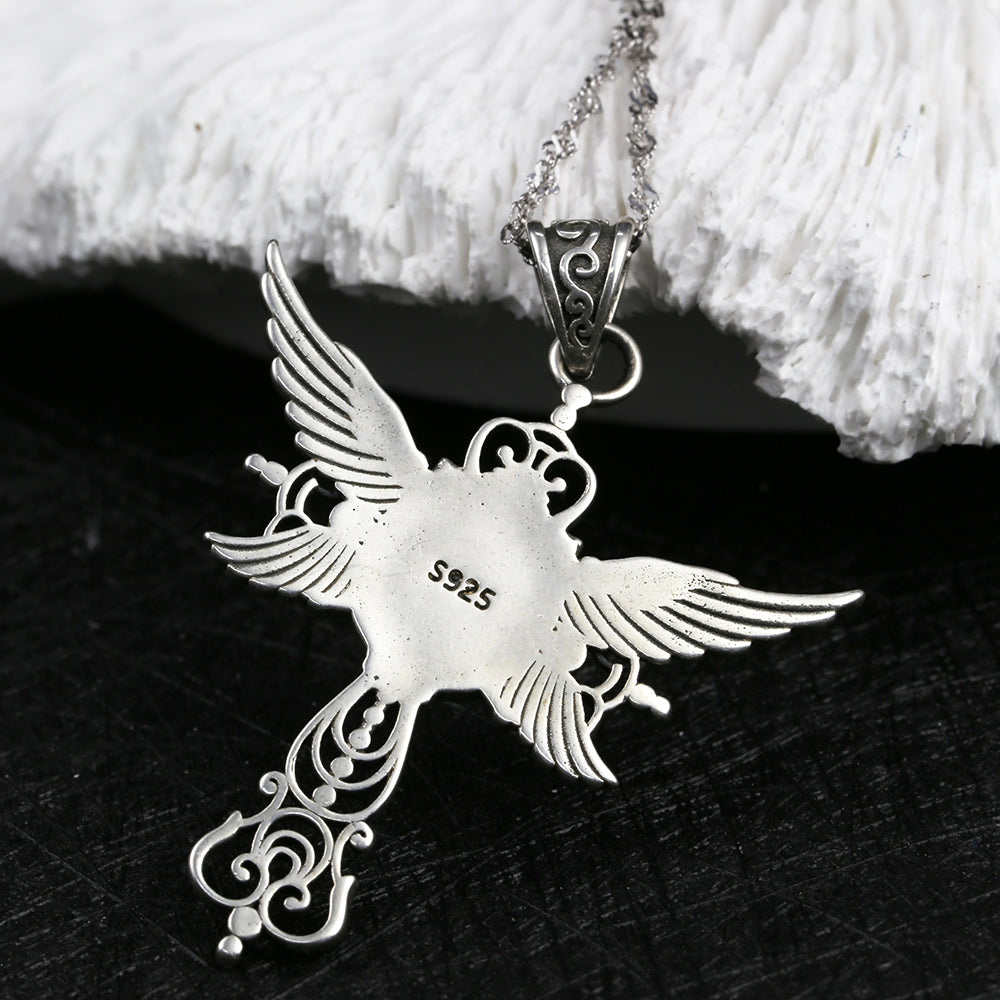 Gothic Pearl Skull Angel Wing Pendant Necklace