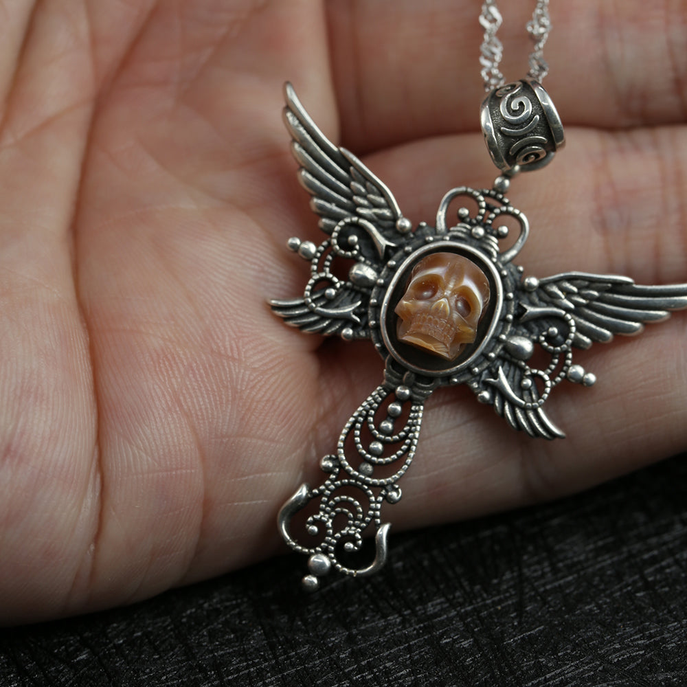 Gothic Pearl Skull Angel Wing Pendant Necklace