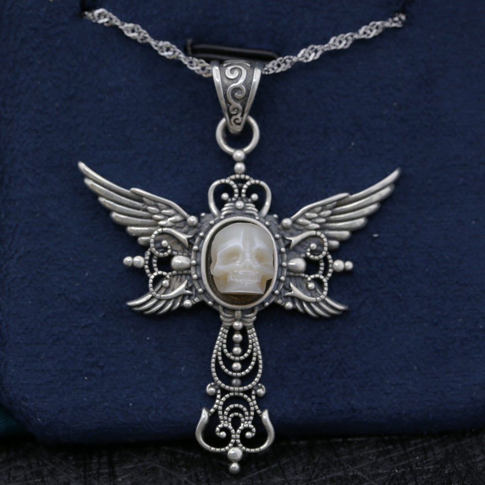 Gothic Pearl Skull Angel Wing Pendant Necklace