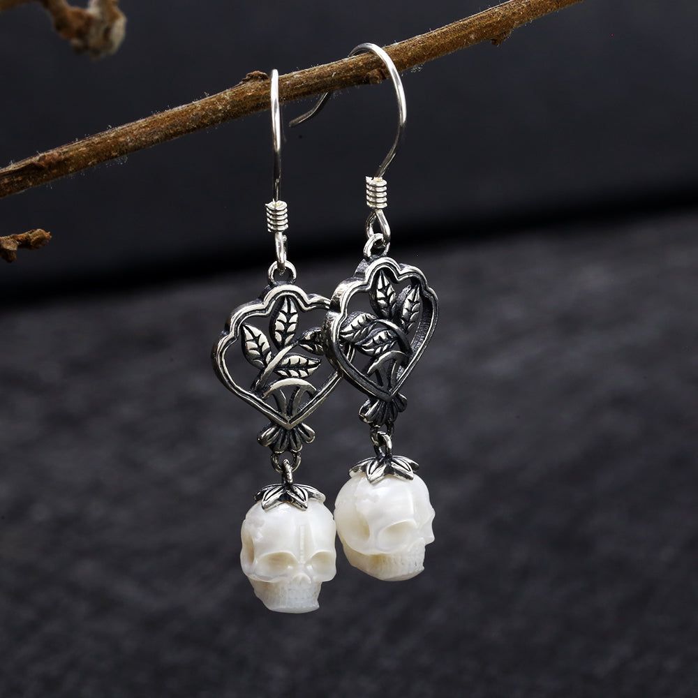 Green Leaf Branches Pearl Skull Drop Earrings