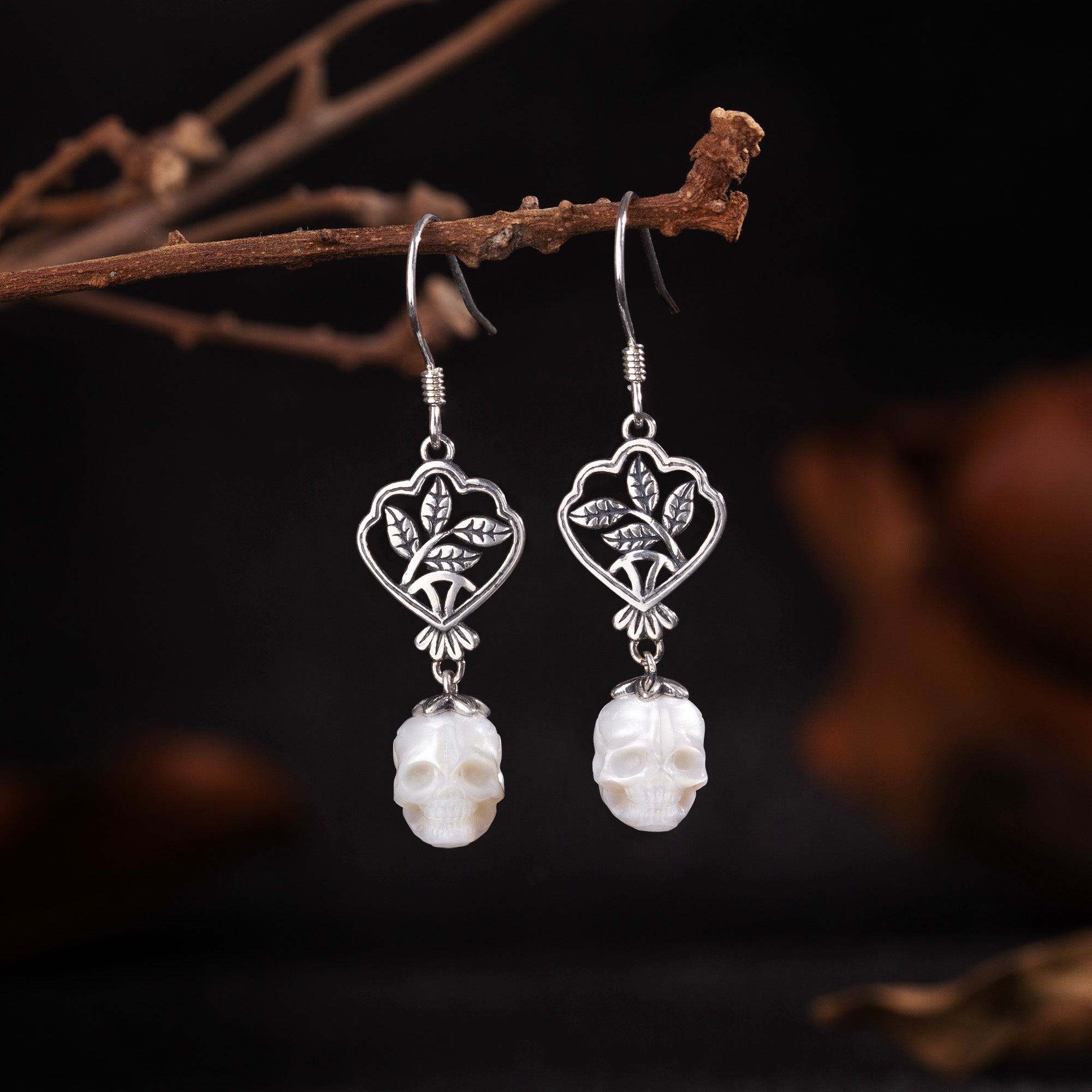Green Leaf Branches Pearl Skull Drop Earrings