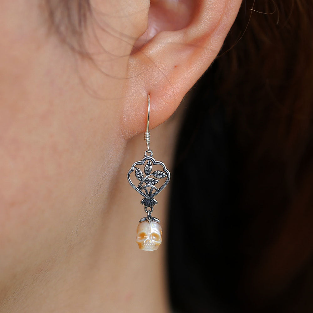 Green Leaf Branches Pearl Skull Drop Earrings