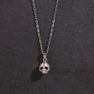 Hand-carved Gothic Cranium Pearl Pendant Necklace-Gray
