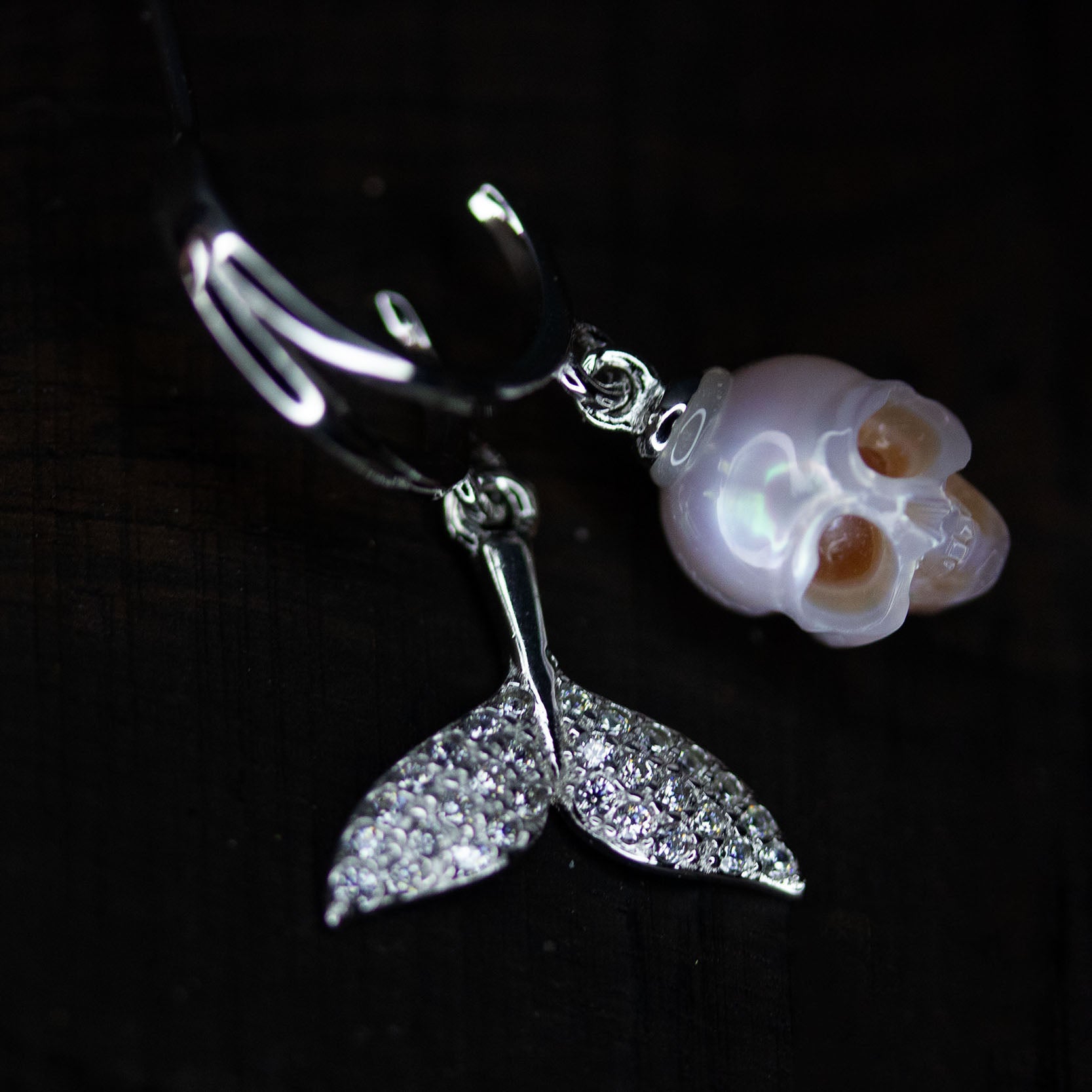 Hand-Carved Pearl Skull Mermaid Earrings with Zircon Tail