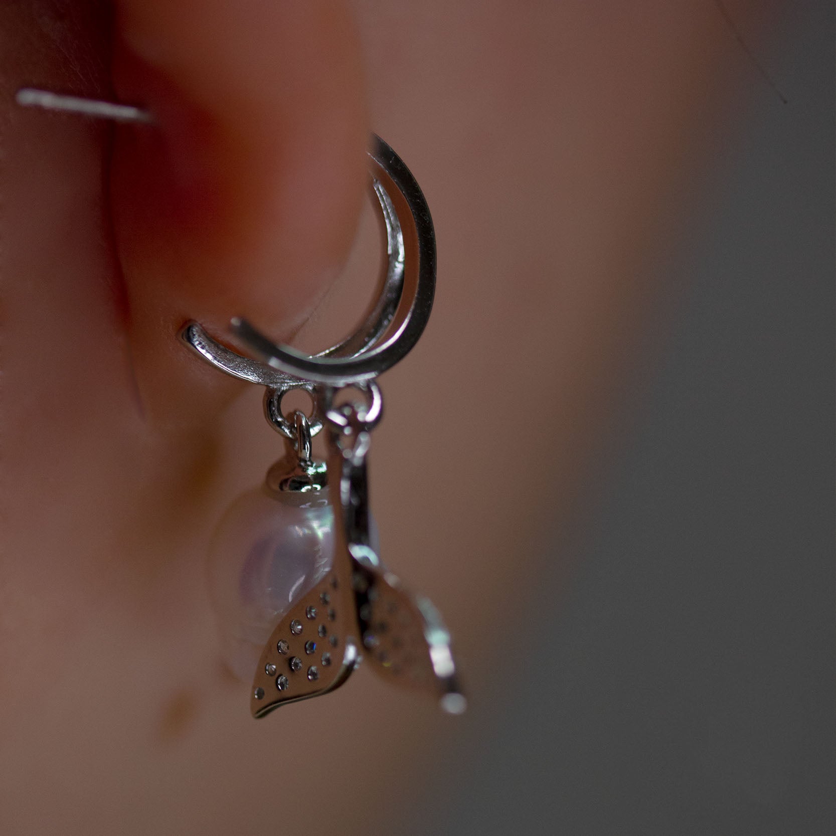 Hand-Carved Pearl Skull Mermaid Earrings with Zircon Tail