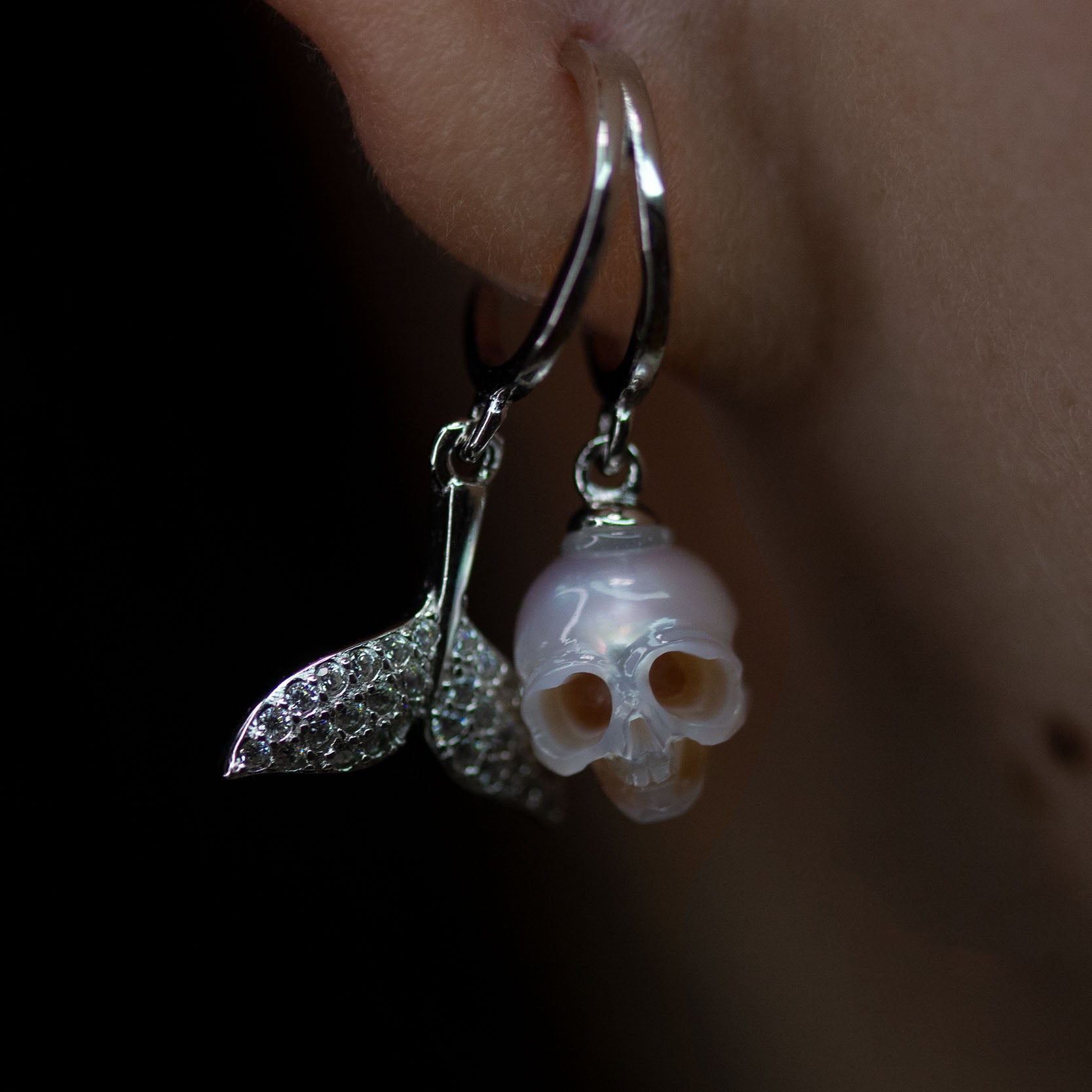 Hand-Carved Pearl Skull Mermaid Earrings with Zircon Tail