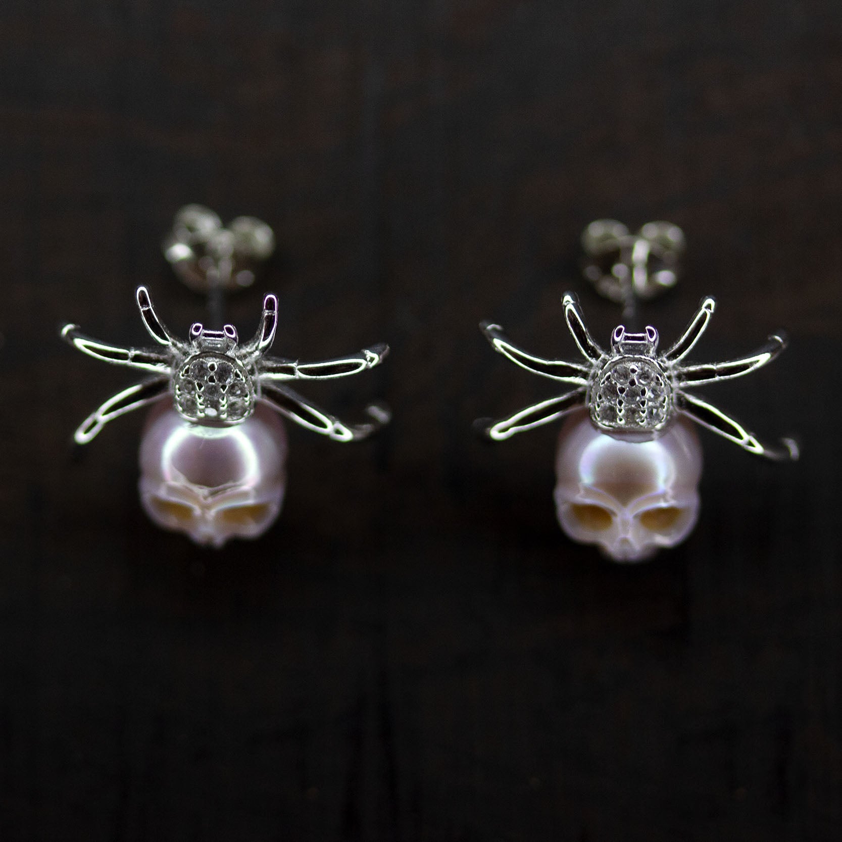 Hand-Carved Pearl Skull Spider Stud Earrings