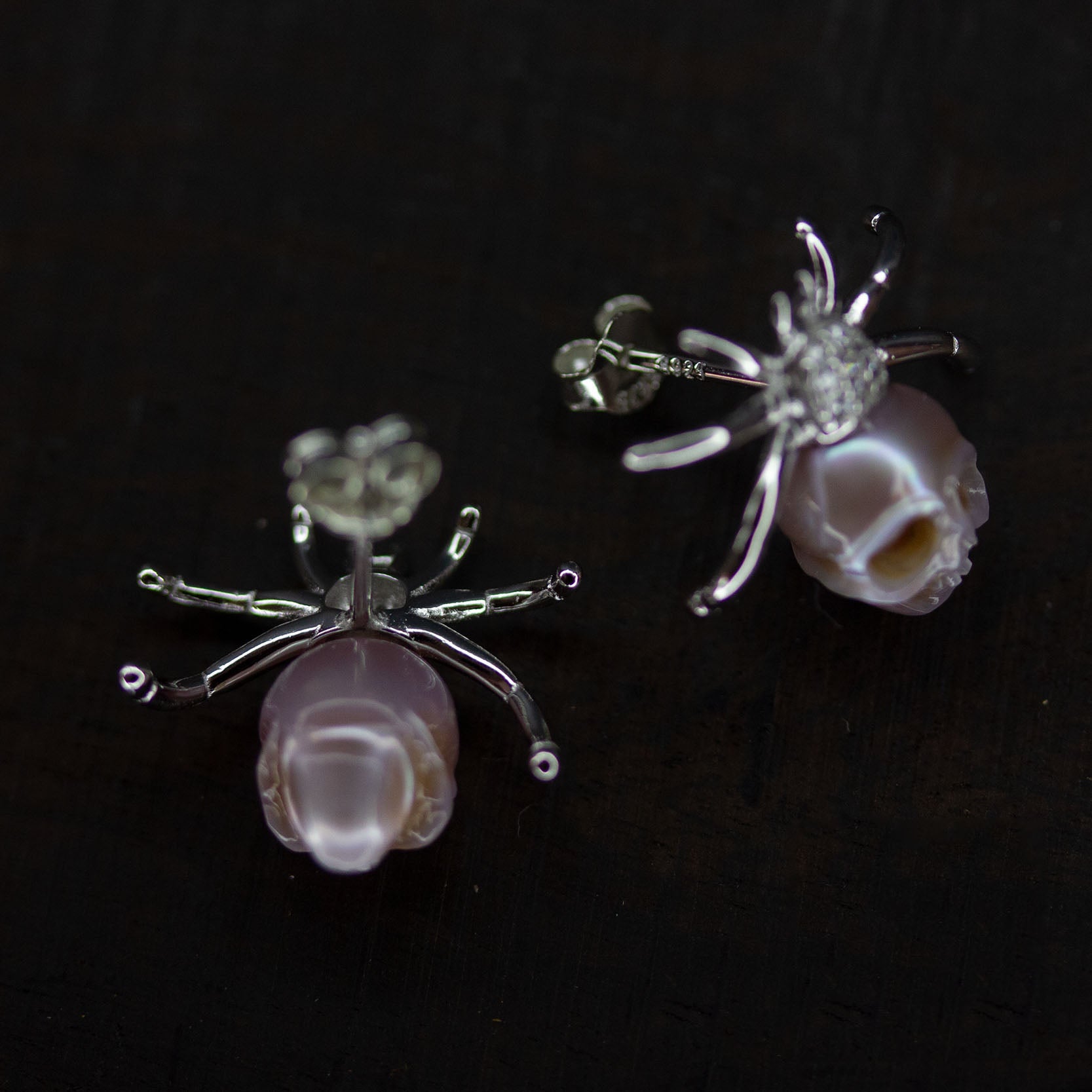 Hand-Carved Pearl Skull Spider Stud Earrings