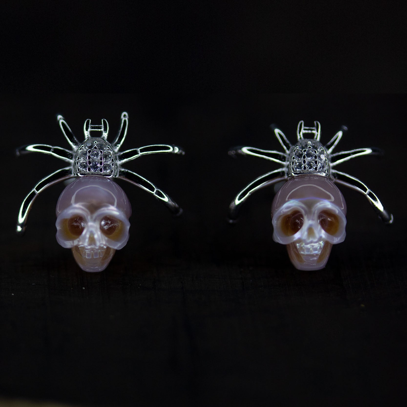 Hand-Carved Pearl Skull Spider Stud Earrings