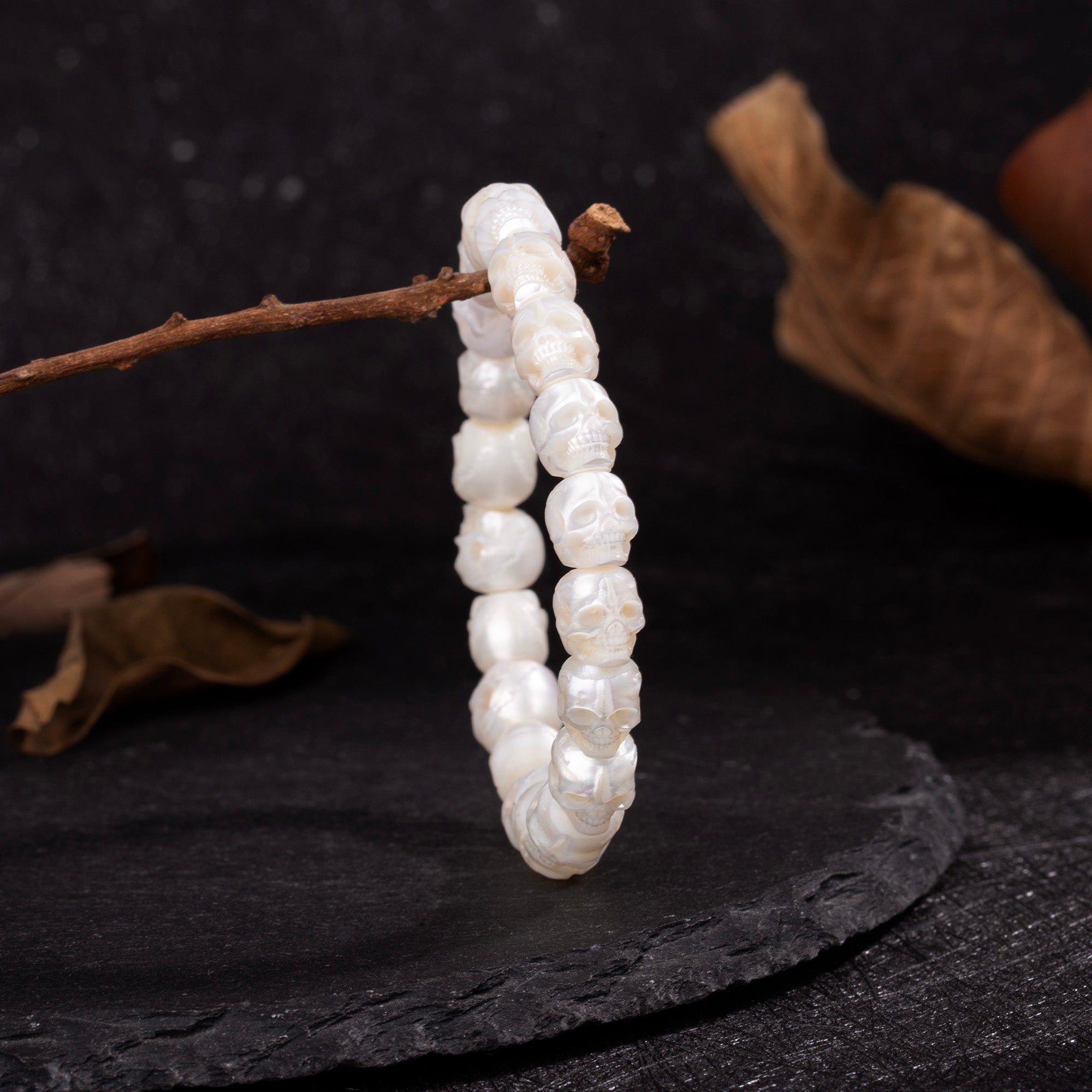 Hand-Carved Skull Pearl Bracelet