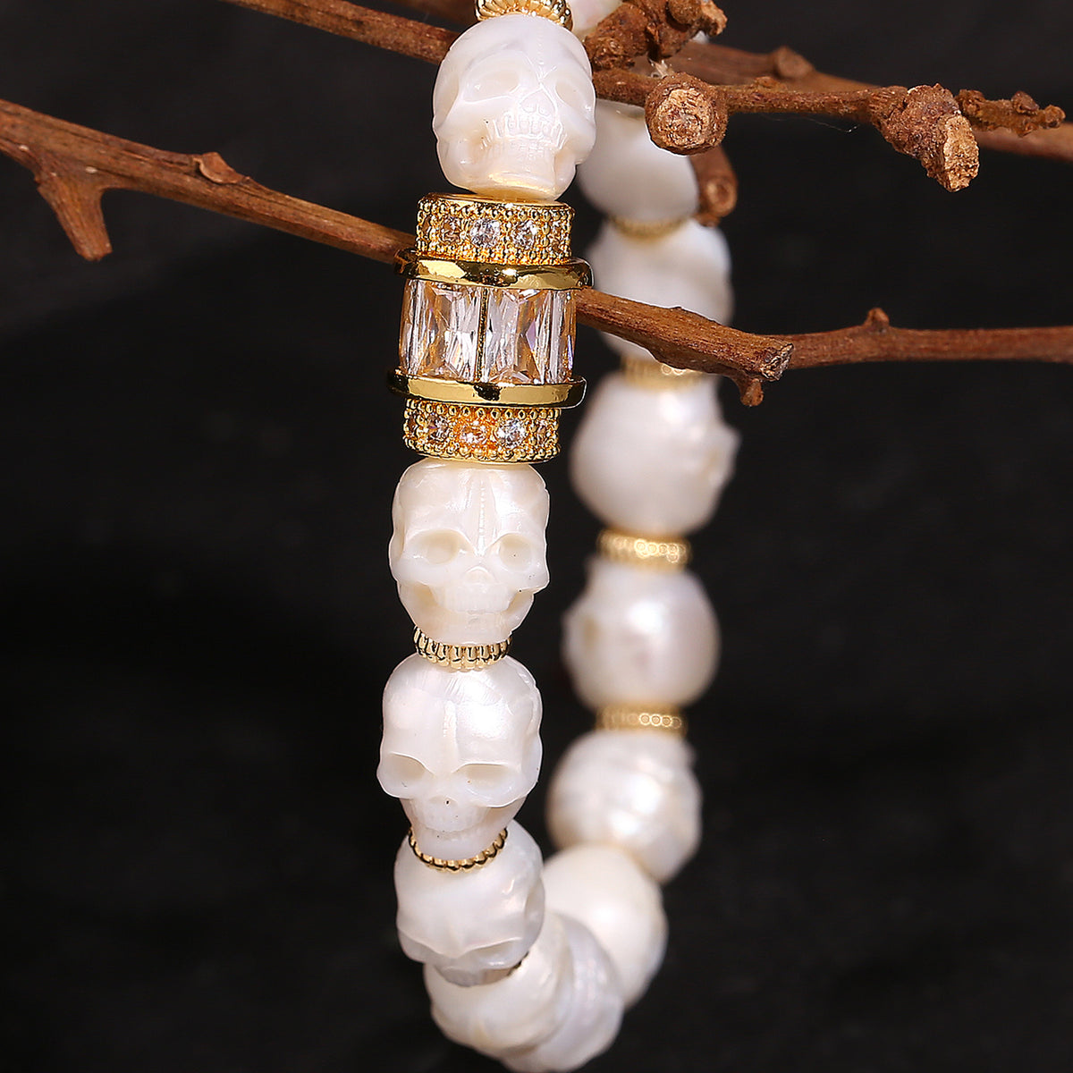 Hand-carved Skull Pearl Zircon Bracelet
