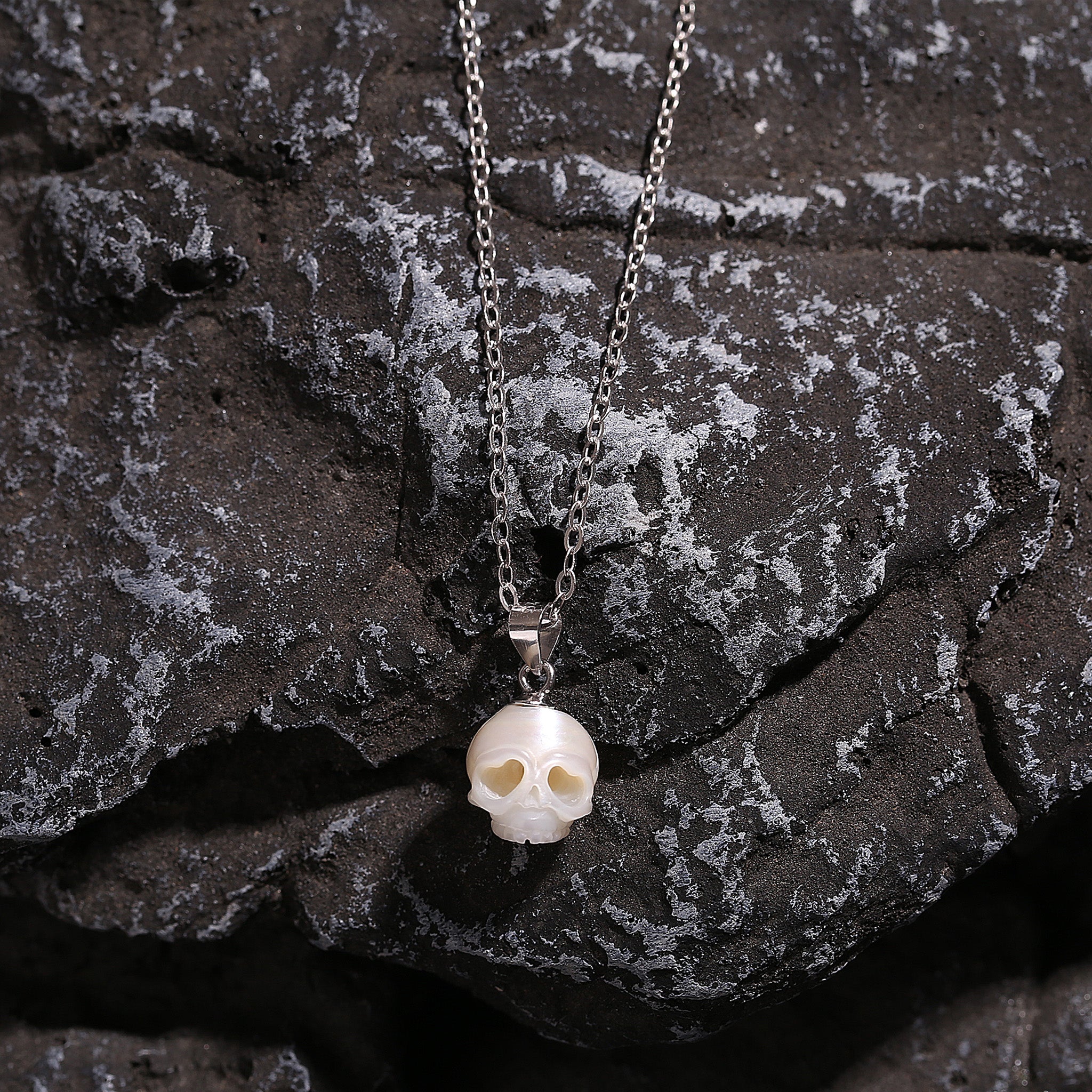 Gothic Cranium Pearl Necklace | Hand-Carved White Pearl