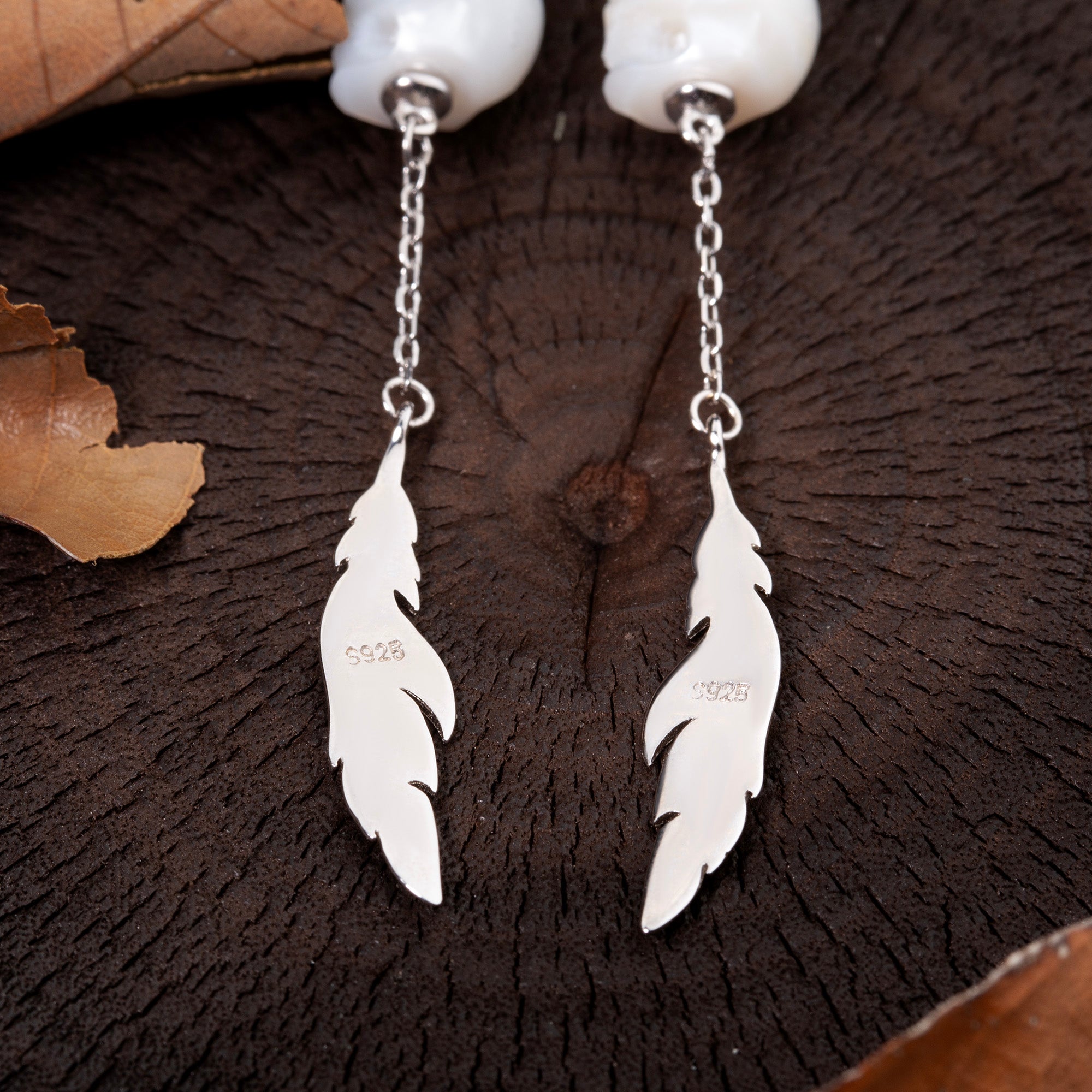 Pearl Skull Long Tassel Feather Earrings