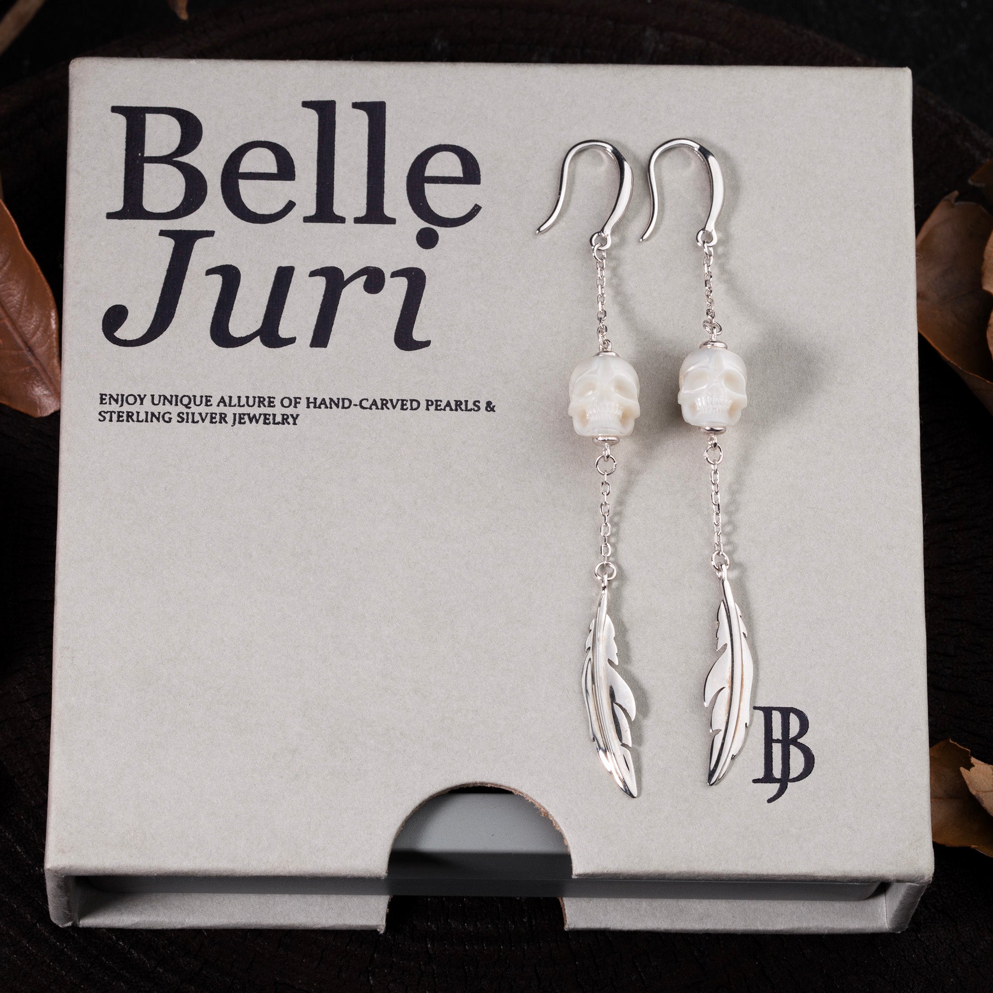 Pearl Skull Long Tassel Feather Earrings