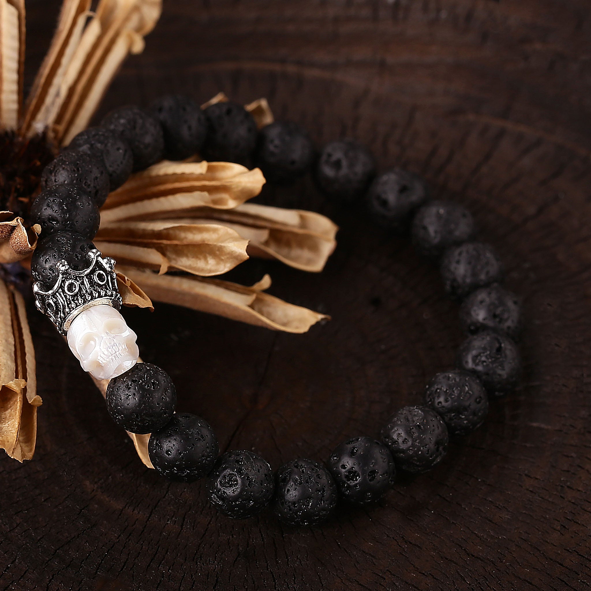 Hand Carved Skull Lava Stone Bracelet