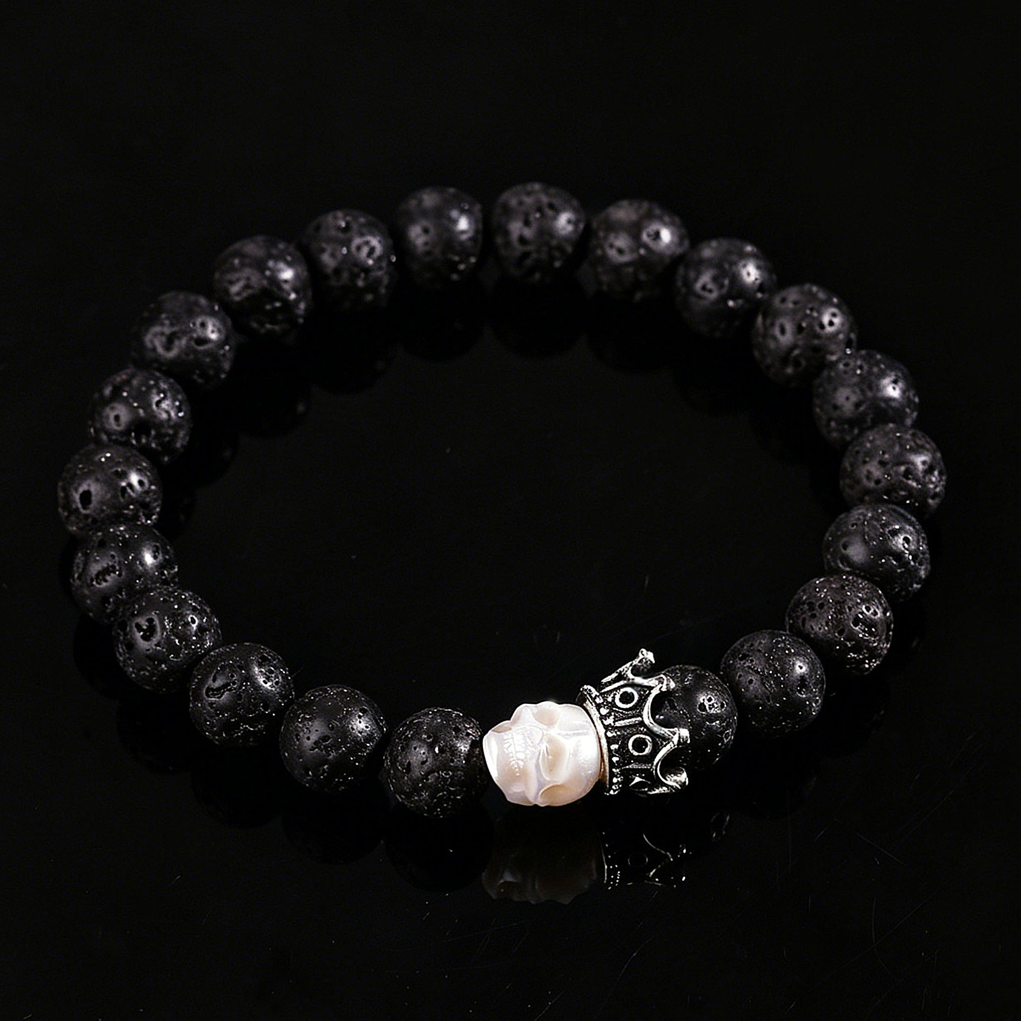 Hand Carved Skull Lava Stone Bracelet