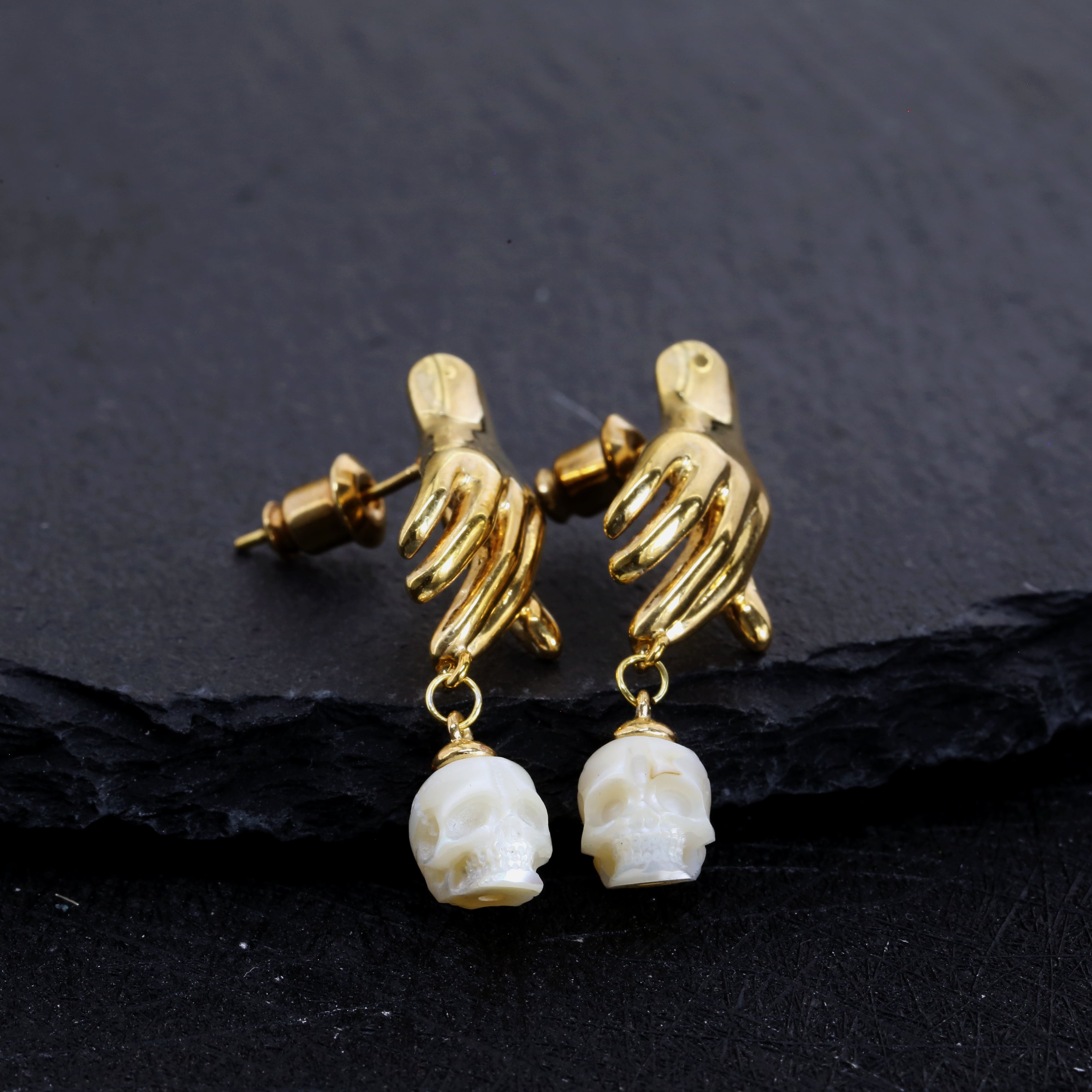 Hand Shaped Pearl Skull Statement Earrings