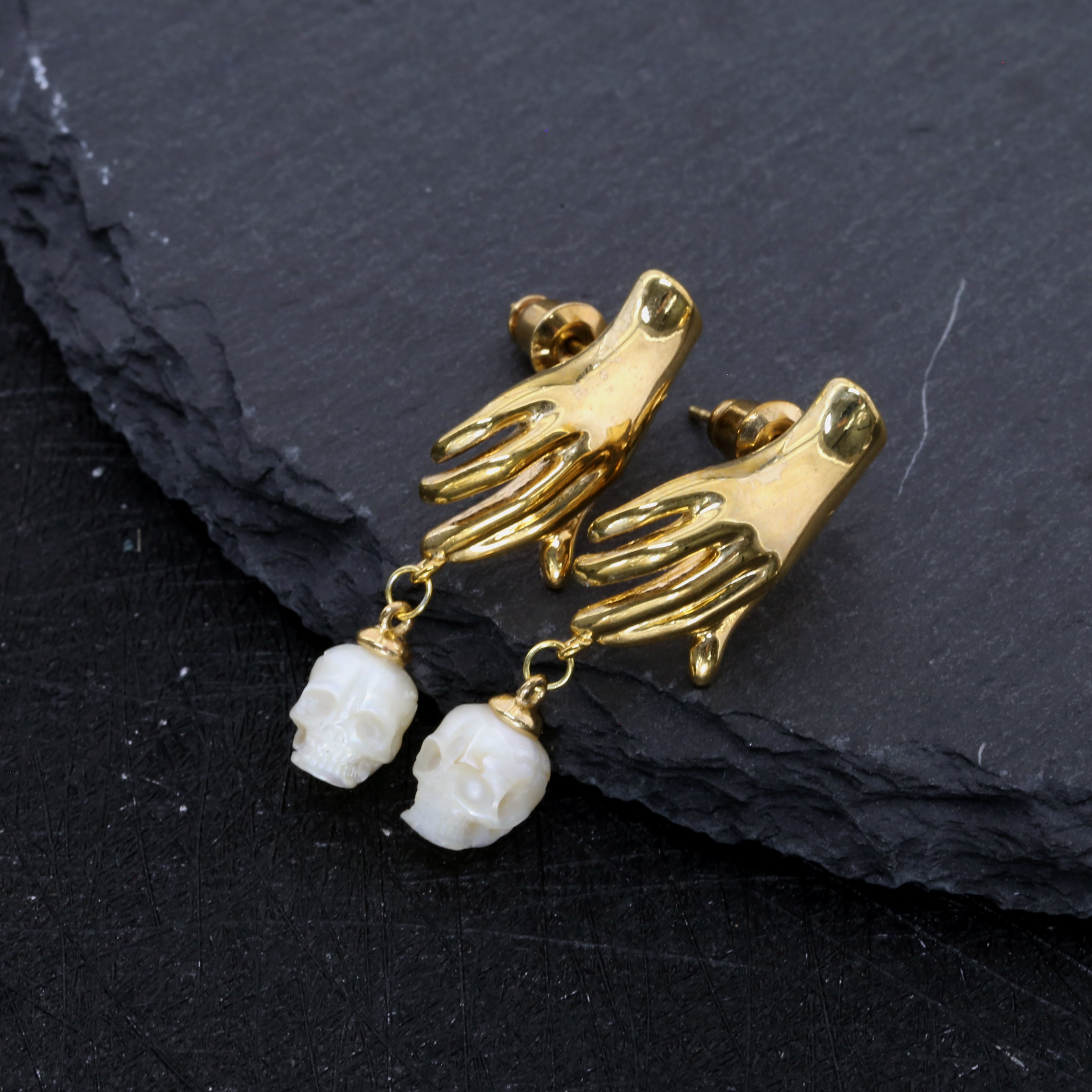 Hand Shaped Pearl Skull Statement Earrings